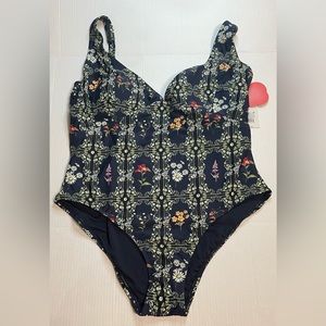 Women’s Agua Bendita Navy Blue and Pink Floral One Piece Swimsuit NWT